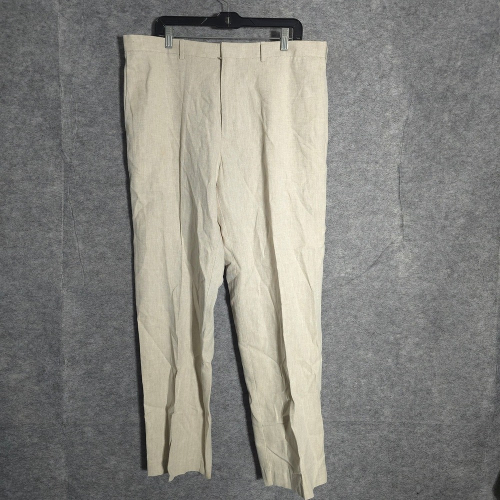 Perry Ellis Linen Blend Pants Mens 36x32 Cream Herringbone Flat Front Straight
